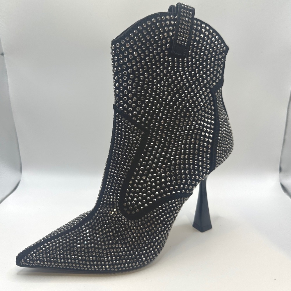 NEW INC Rhinestone Studded Pointed Toe Western Booties Stiletto Heel Black 7.5M